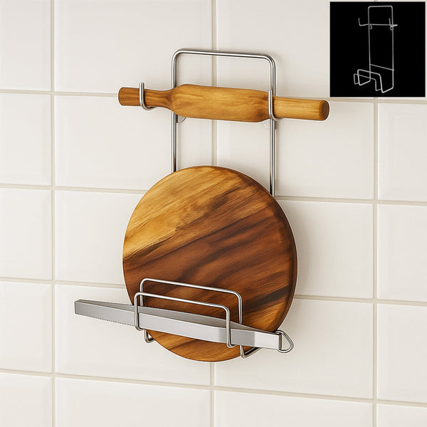 Chakla Belan Chimta Stand Rolling Pin Board Tong Holder Silver Stainless Steel Multi-Purpose Rack for Kitchen (1 Pc )